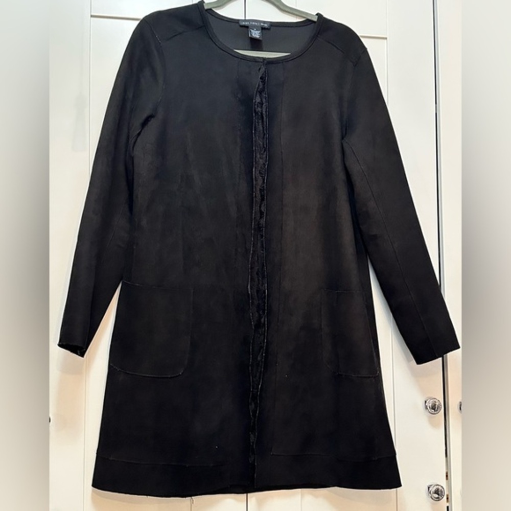 Black Microsuede Open Front Jacket W/Lace Front Edge by Joan Vassi New York MED